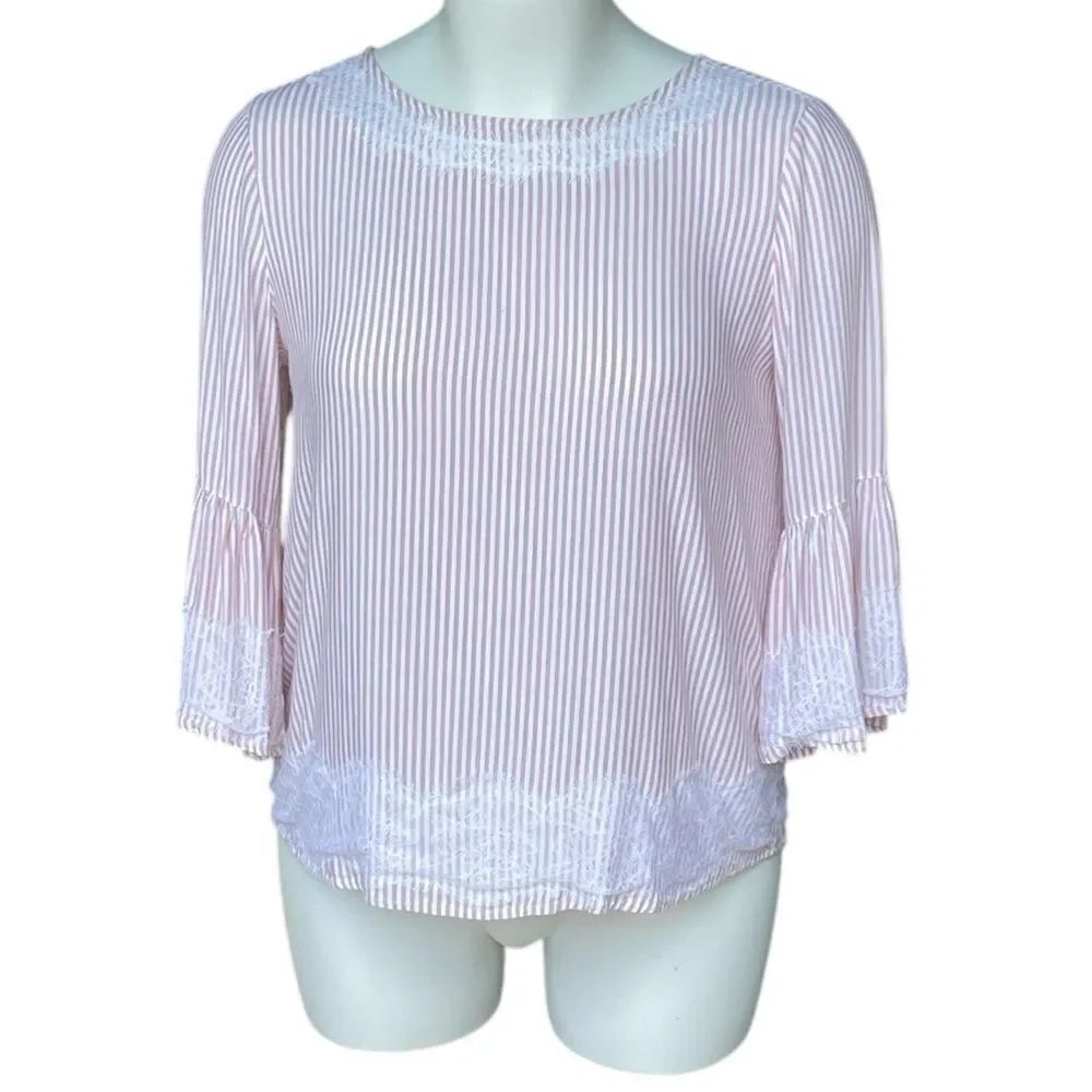 Soho Pink and White Striped Blouse with Lace Accents Bell sleeves Large tie back